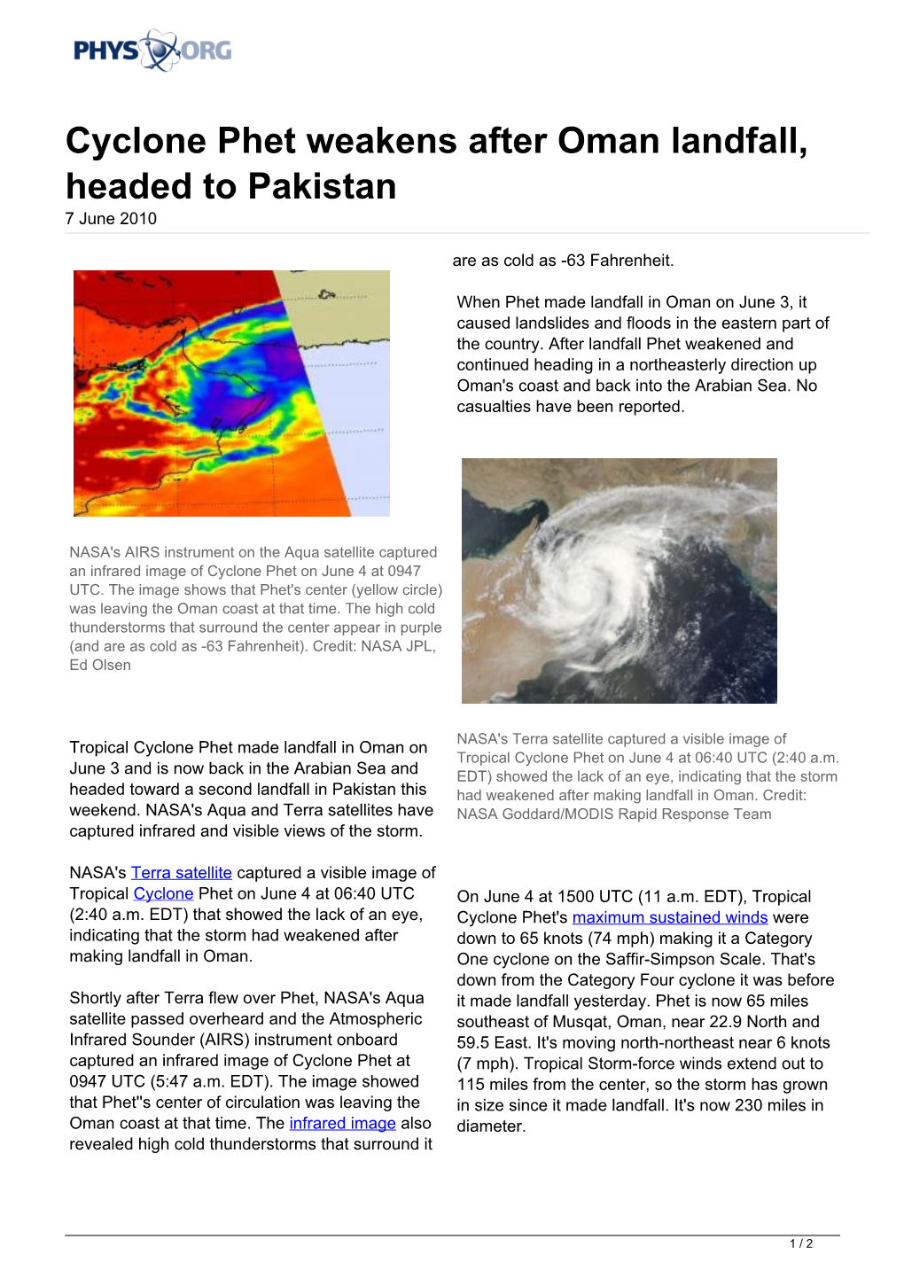 Cyclone Phet Weakens After Oman Landfall, Headed to Pakistan 7 June 2010