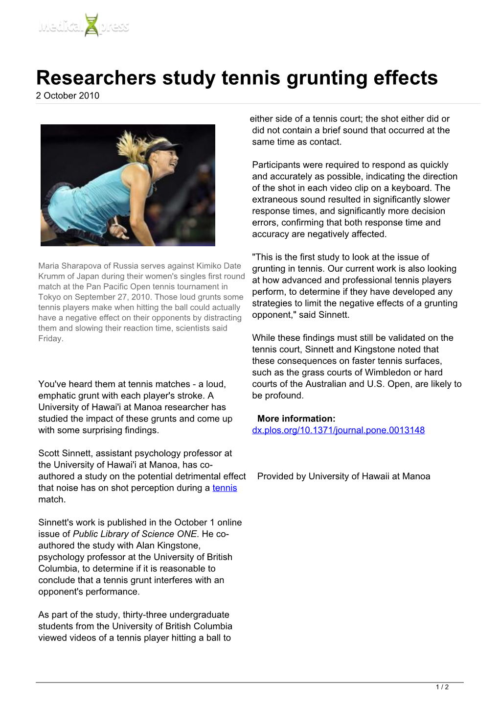 Researchers Study Tennis Grunting Effects 2 October 2010