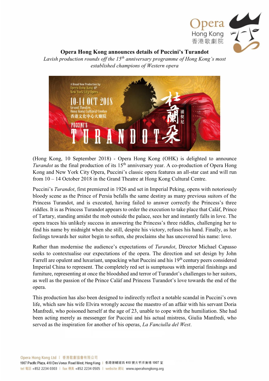 Opera Hong Kong Announces Details of Puccini's Turandot