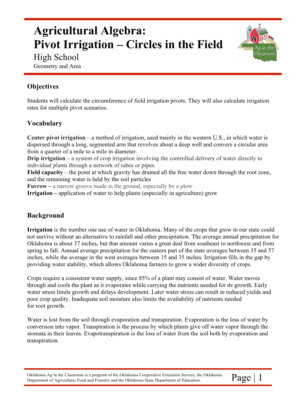 Agricultural Algebra: Pivot Irrigation – Circles in the Field High School Geometry and Area