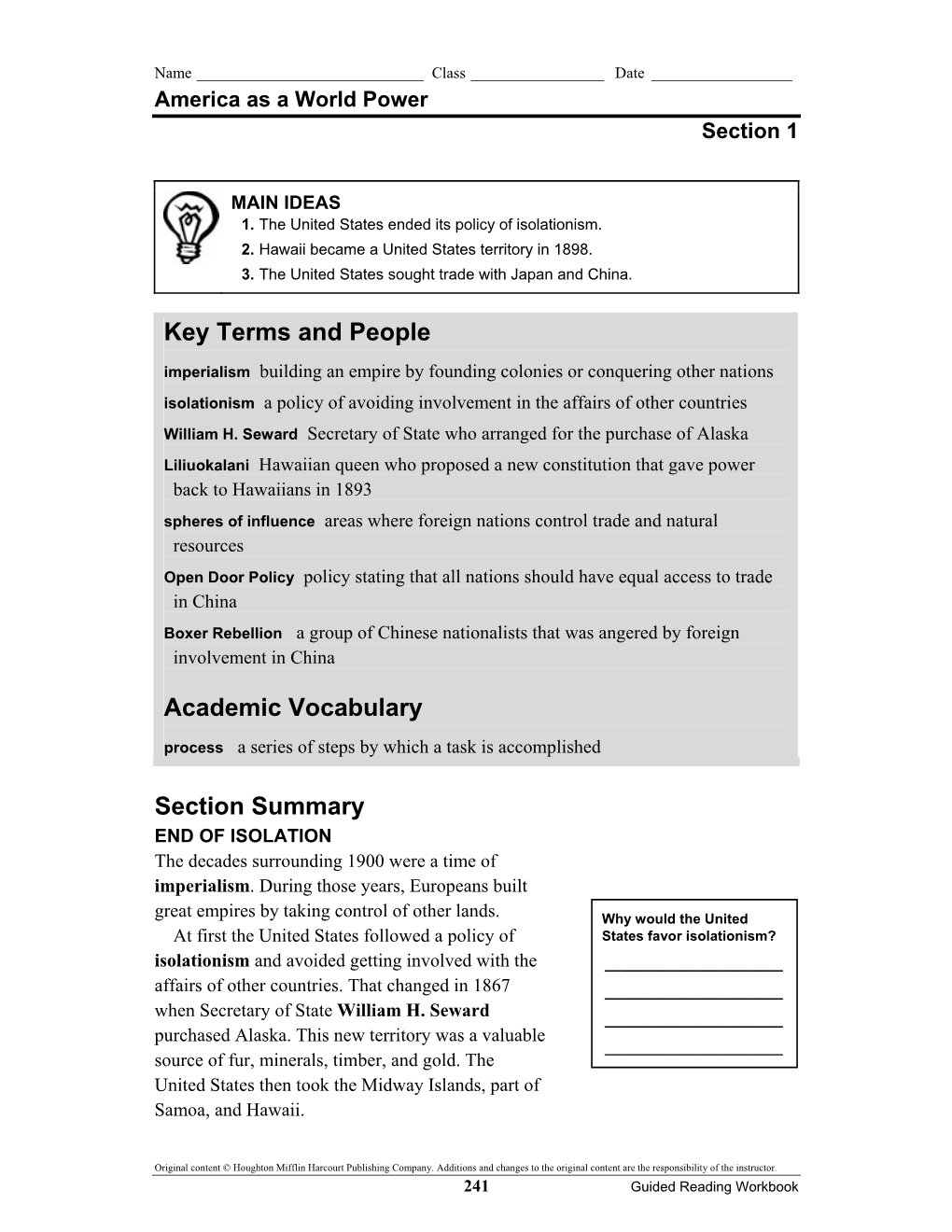 Section Summary Key Terms and People Academic Vocabulary