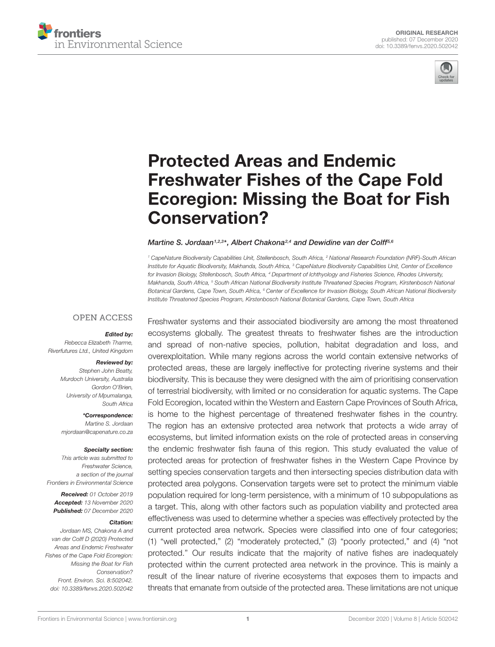 Protected Areas and Endemic Freshwater Fishes of the Cape Fold Ecoregion: Missing the Boat for Fish Conservation?