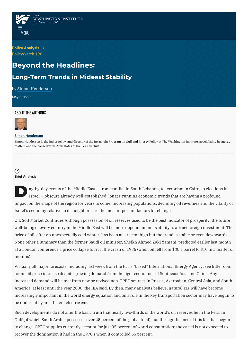 Beyond the Headlines: Long-Term Trends in Mideast Stability by Simon Henderson