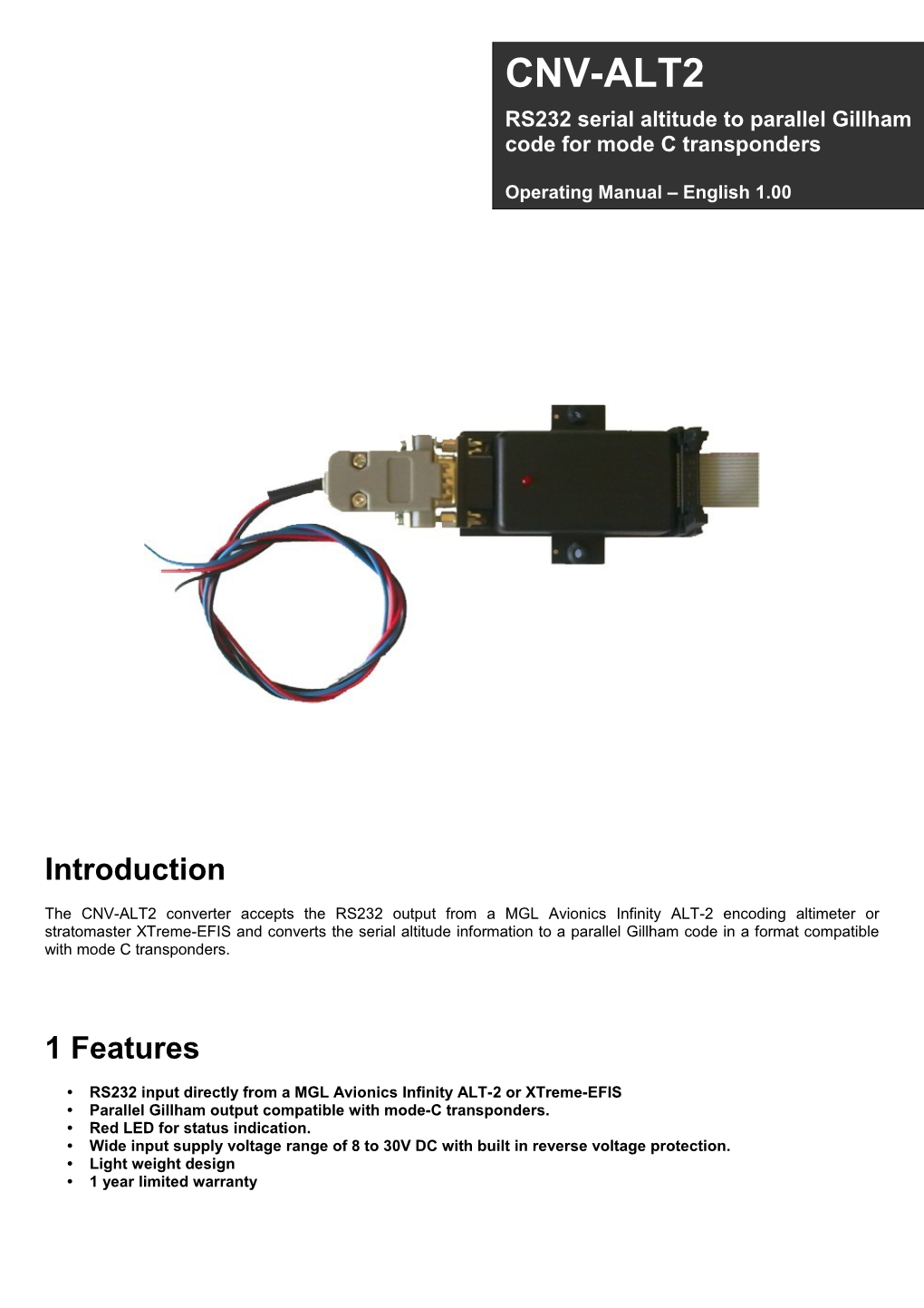 CNV-ALT2 RS232 Serial Altitude to Parallel Gillham Code for Mode C Transponders