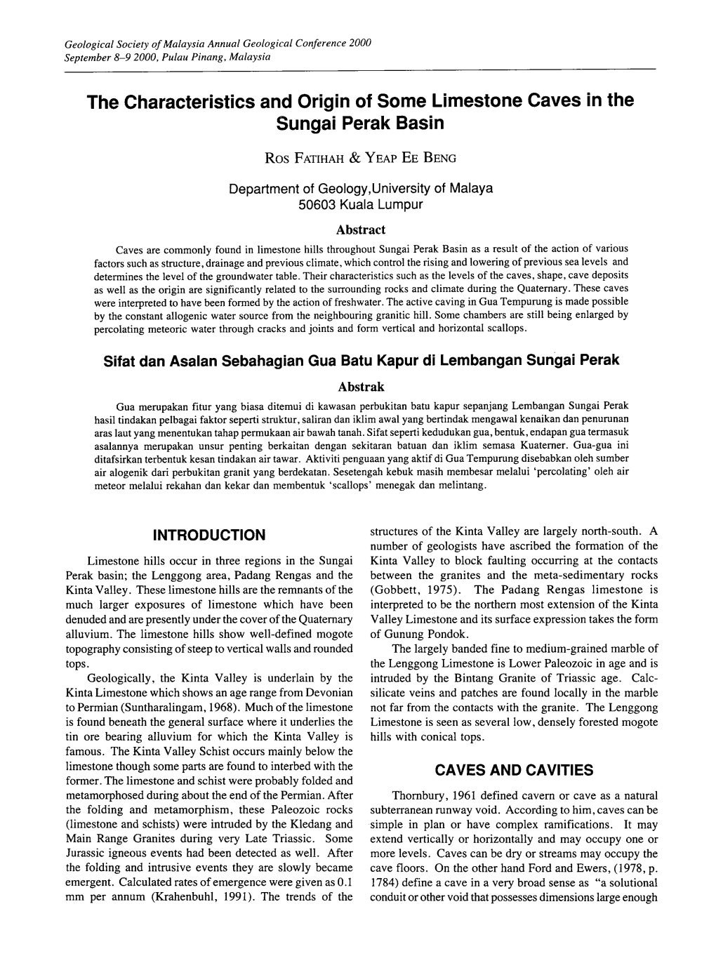 The Characteristics and Origin of Some Limestone Caves in the Sungai Perak Basin