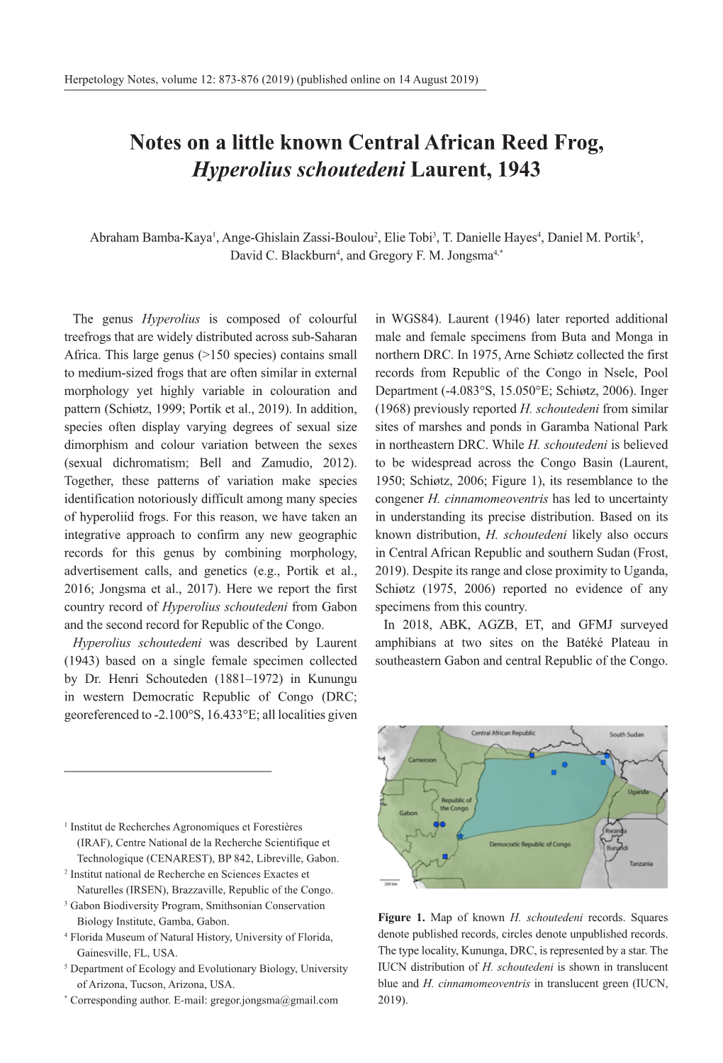 Notes on a Little Known Central African Reed Frog, Hyperolius Schoutedeni Laurent, 1943