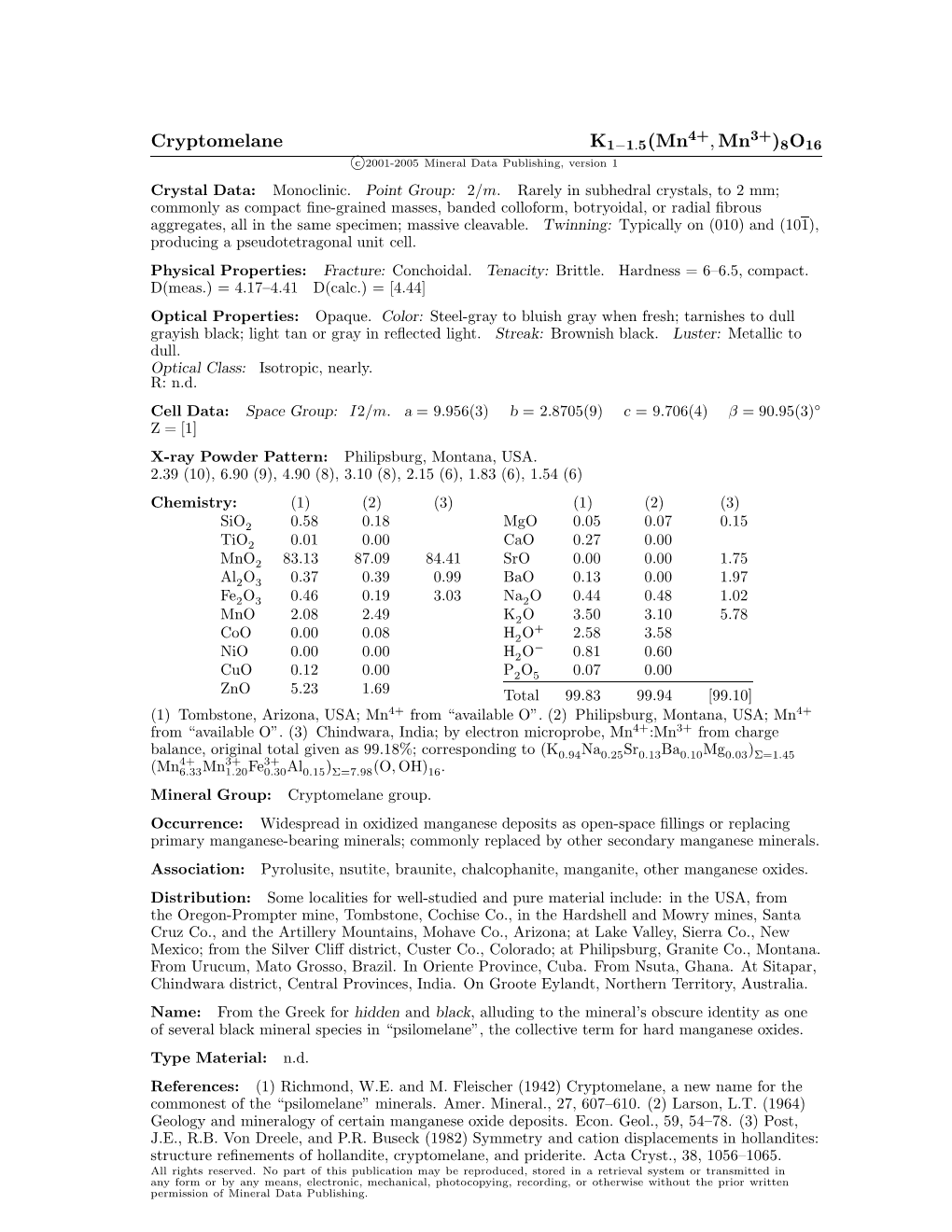 Cryptomelane K1−1.5(Mn , Mn )8O16 C 2001-2005 Mineral Data Publishing, Version 1 Crystal Data: Monoclinic