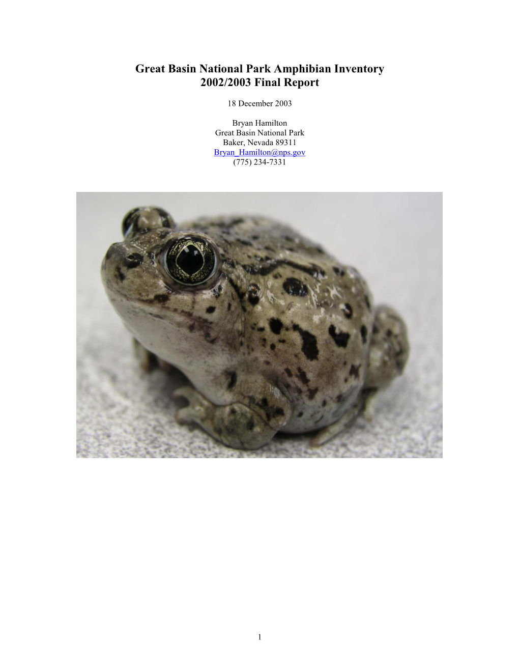 Amphibian Inventory: Great Basin National Park