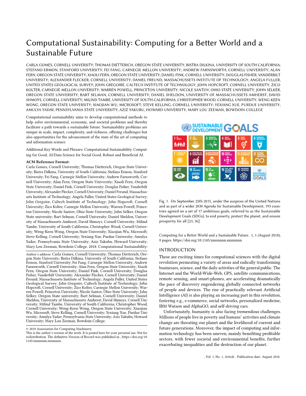 Computational Sustainability: Computing for a Better World and a Sustainable Future