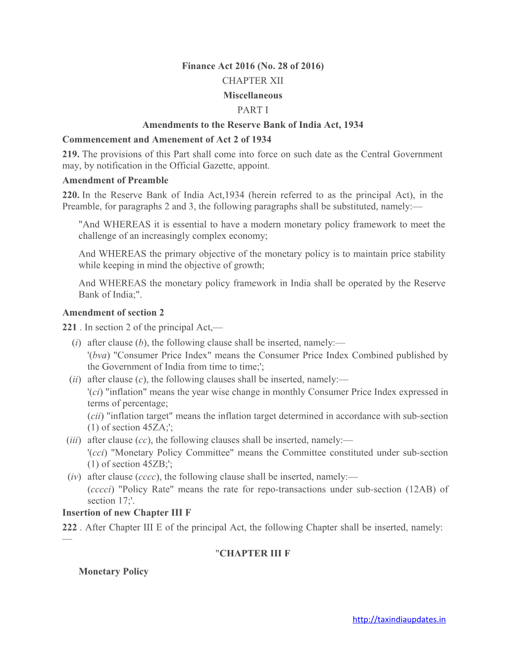 Amendments to the Reserve Bank of India Act, 1934