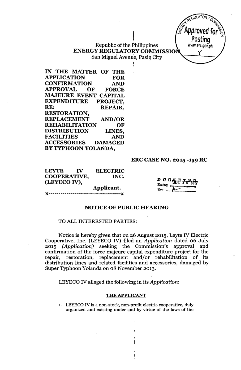 NPH, ERC Case No. 2015-159 RC