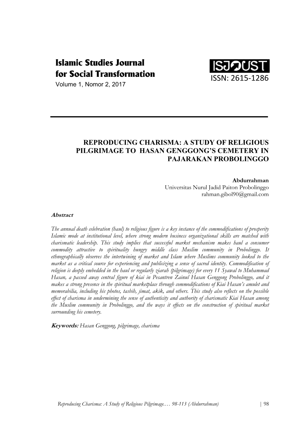 Islamic Studies Journal for Social Transformation ISSN