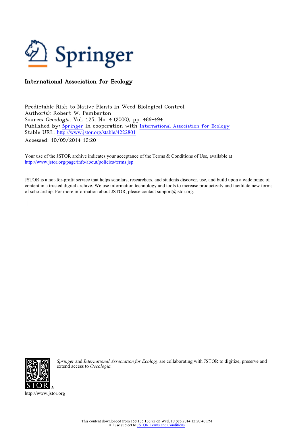 Predictable Risk to Native Plants in Weed Biological Control Author(S): Robert W