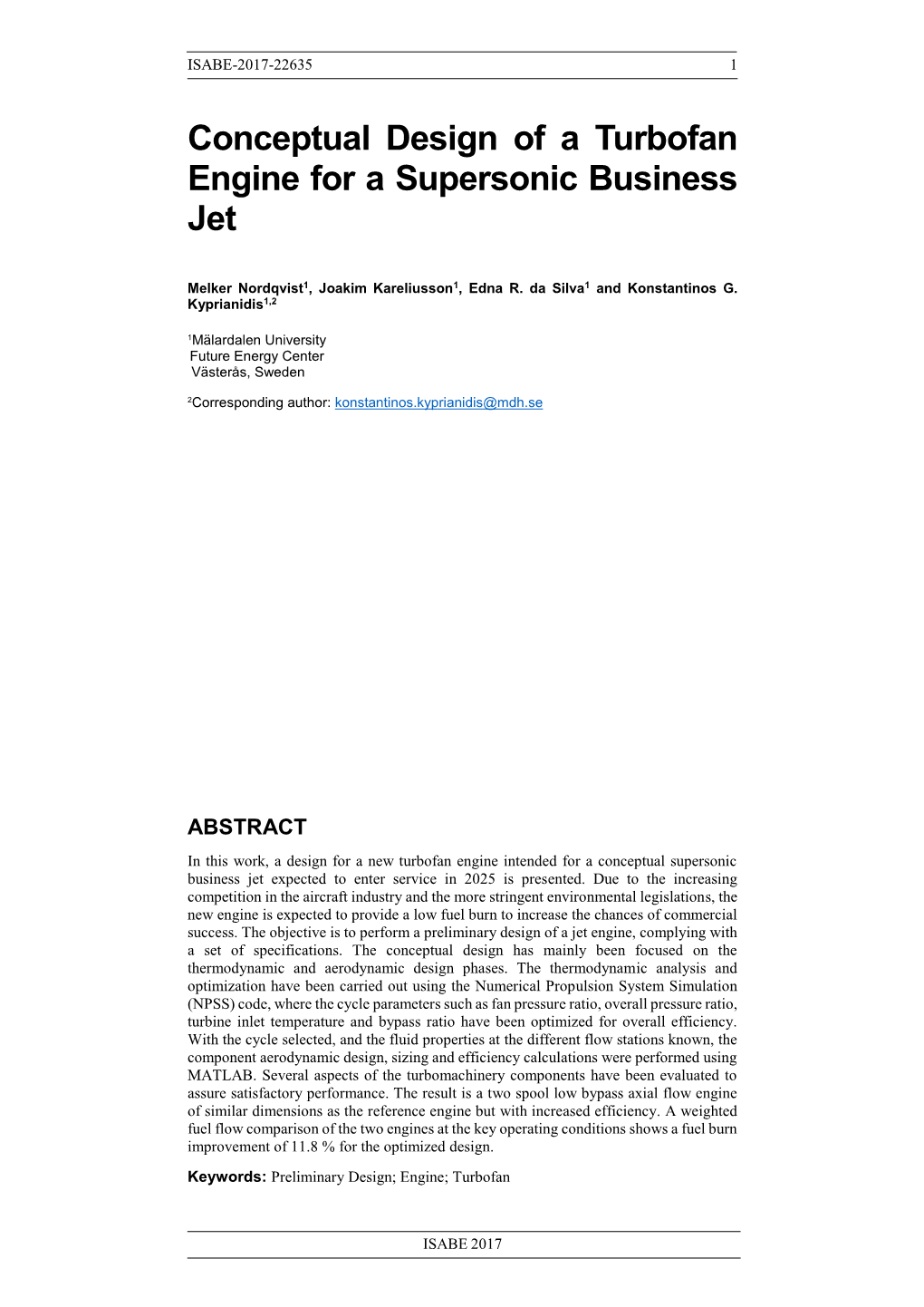 Conceptual Design of a Turbofan Engine for a Supersonic Business Jet