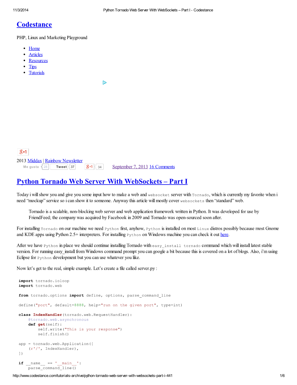 Codestance Python Tornado Web Server with Websockets – Part I