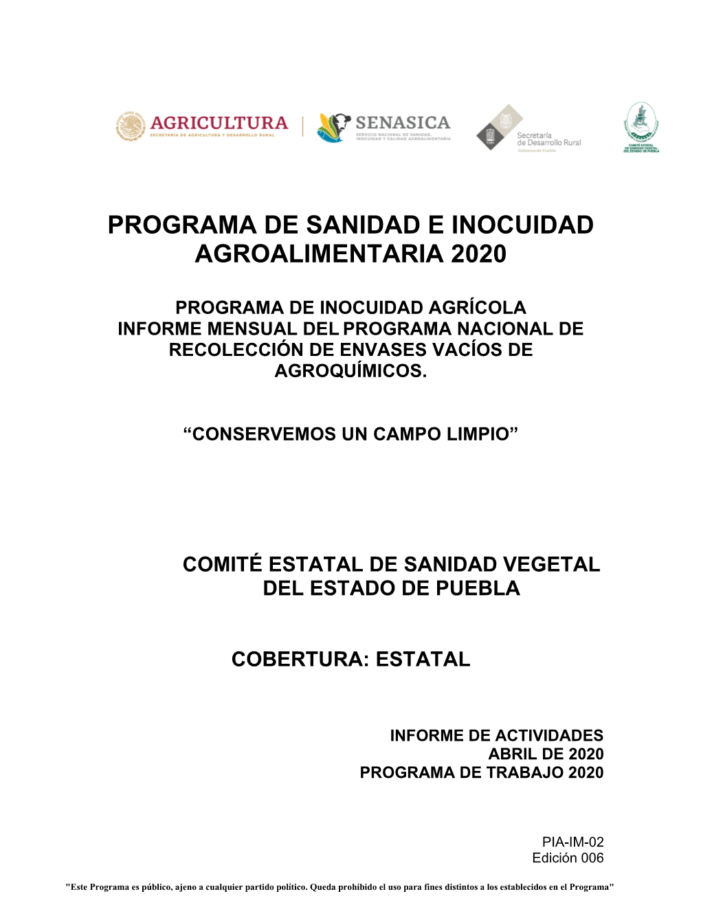 Programa De Sanidad E Inocuidad Agroalimentaria 2020