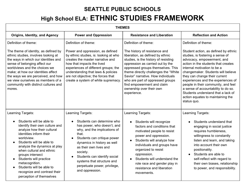 High School ELA:​ ETHNIC STUDIES FRAMEWORK