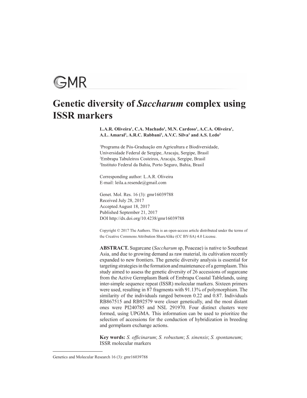 Genetic Diversity of Saccharum Complex Using ISSR Markers