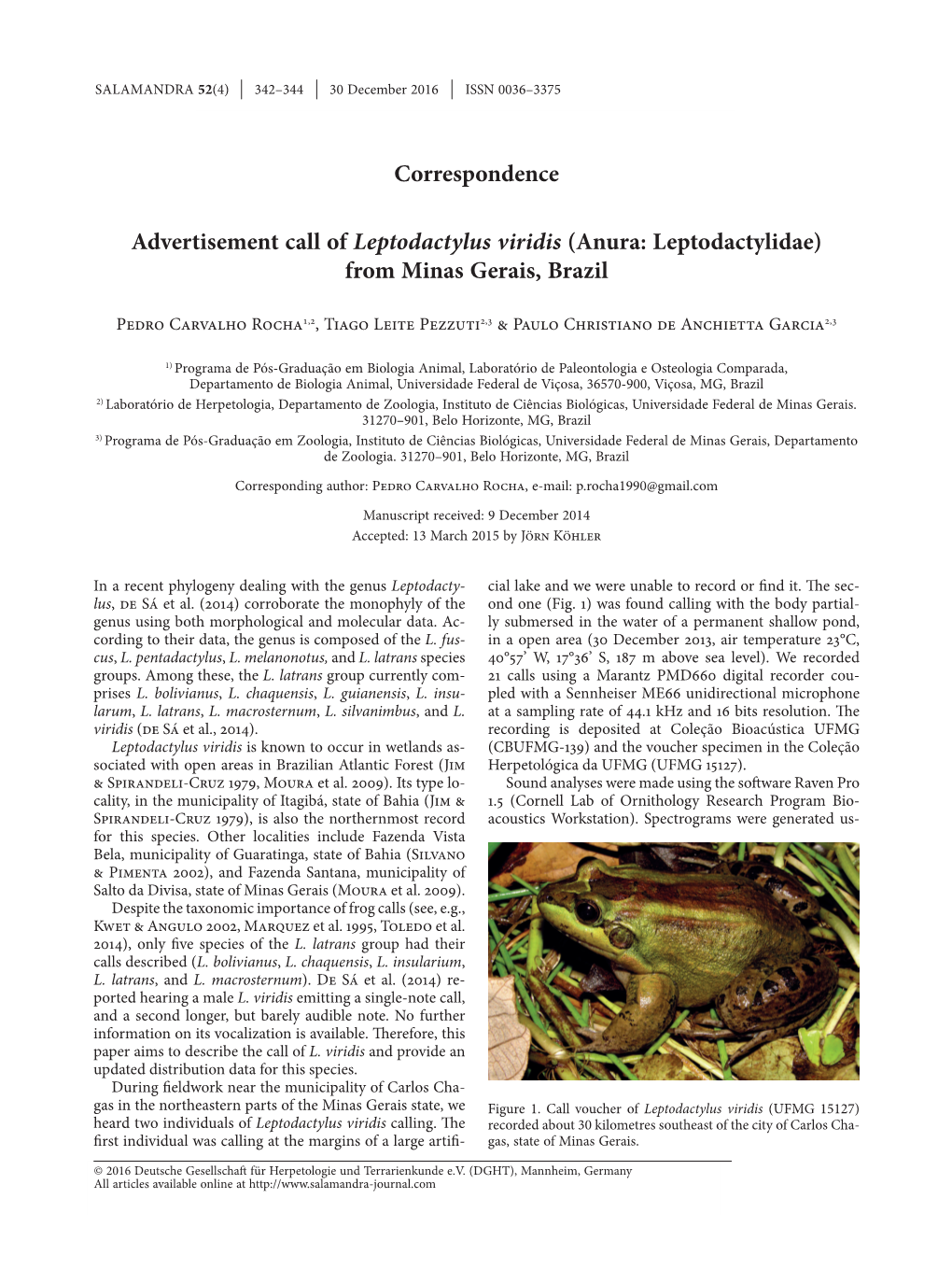 Advertisement Call of Leptodactylus Viridis (Anura: Leptodactylidae) from Minas Gerais, Brazil