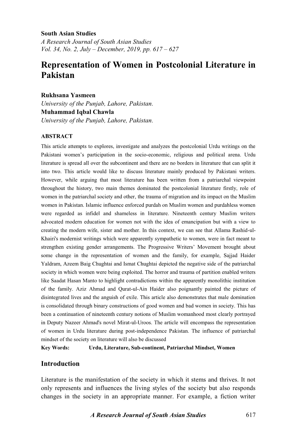 Representation of Women in Postcolonial Literature in Pakistan