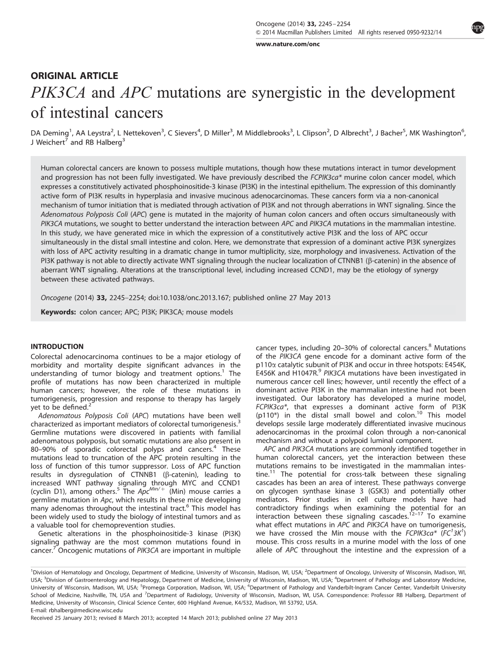 PIK3CA and APC Mutations Are Synergistic in the Development of Intestinal Cancers