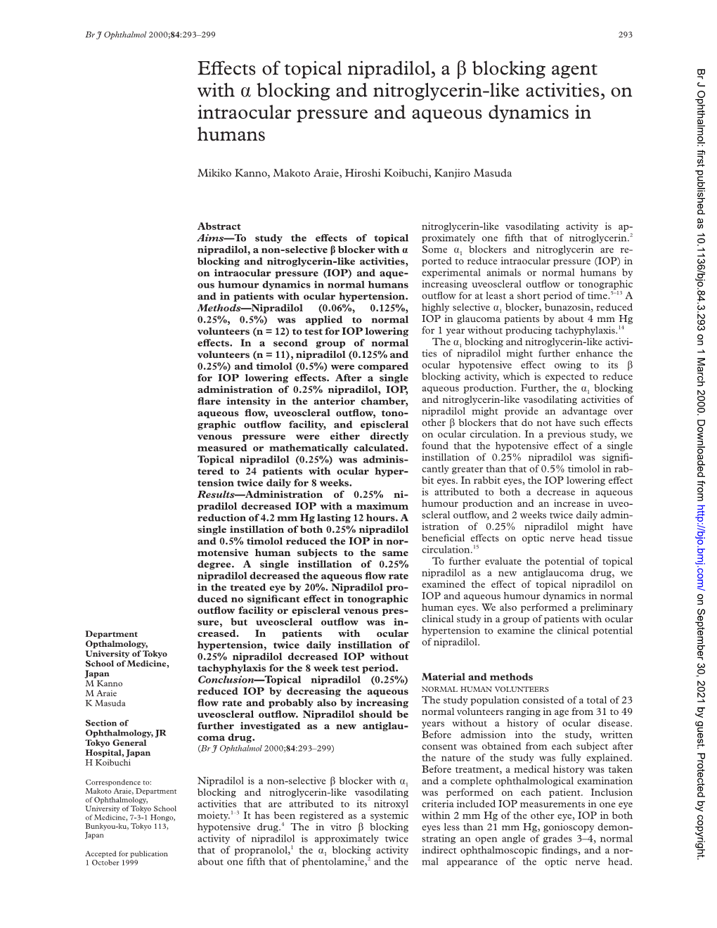 Evects of Topical Nipradilol, a Β Blocking Agent with Α Blocking and Nitroglycerin-Like Activities, on Intraocular Pressure An