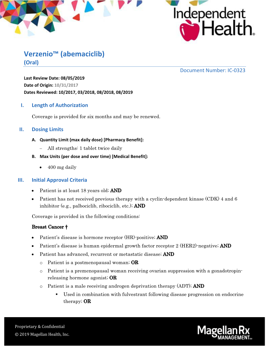 Verzenio™ (Abemaciclib) (Oral) Document Number: IC‐0323 Last Review Date: 08/05/2019 Date of Origin: 10/31/2017 Dates Reviewed: 10/2017, 03/2018, 08/2018, 08/2019