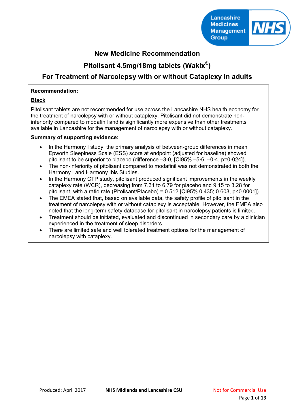 New Medicine Recommendation Pitolisant 4.5Mg/18Mg Tablets (Wakix®) for Treatment of Narcolepsy with Or Without Cataplexy in Adults