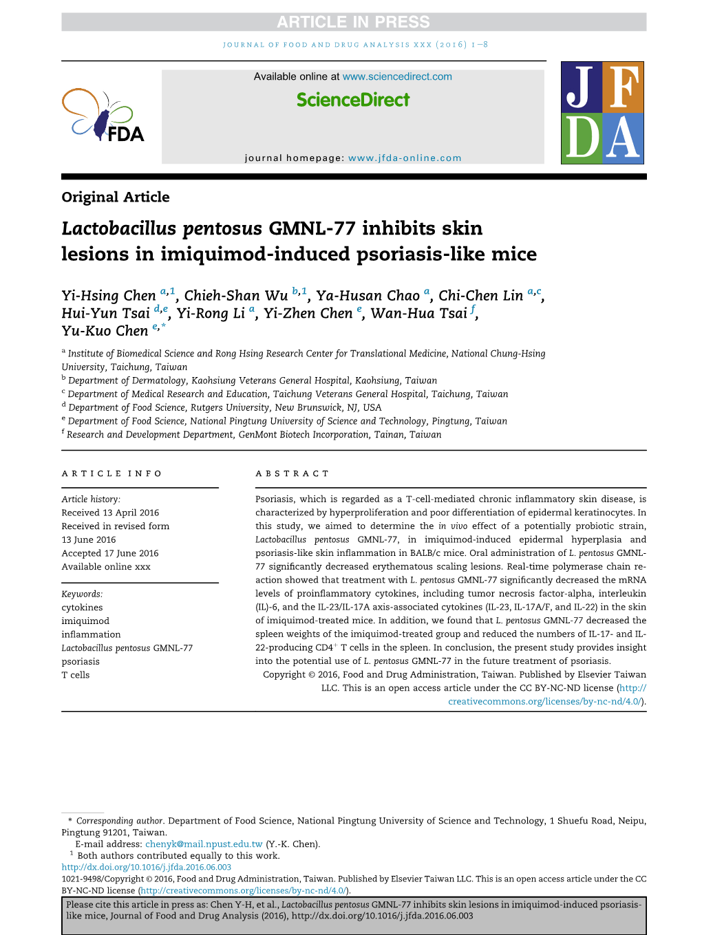 Lactobacillus Pentosus GMNL-77 Inhibits Skin Lesions in Imiquimod-Induced Psoriasis-Like Mice