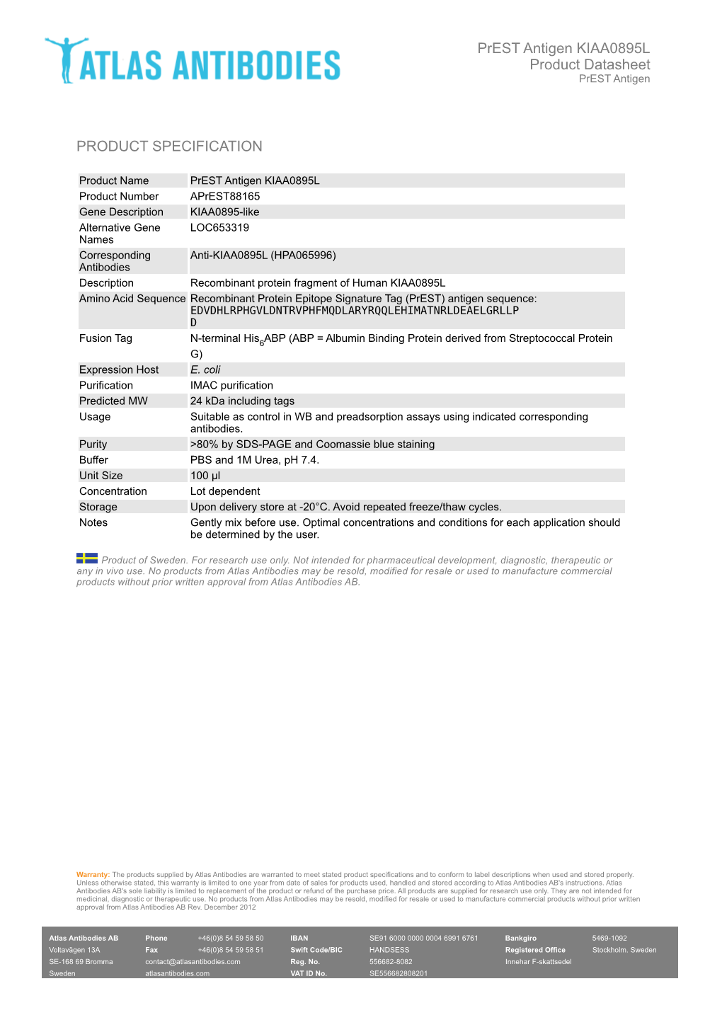 PRODUCT SPECIFICATION Prest Antigen KIAA0895L Product