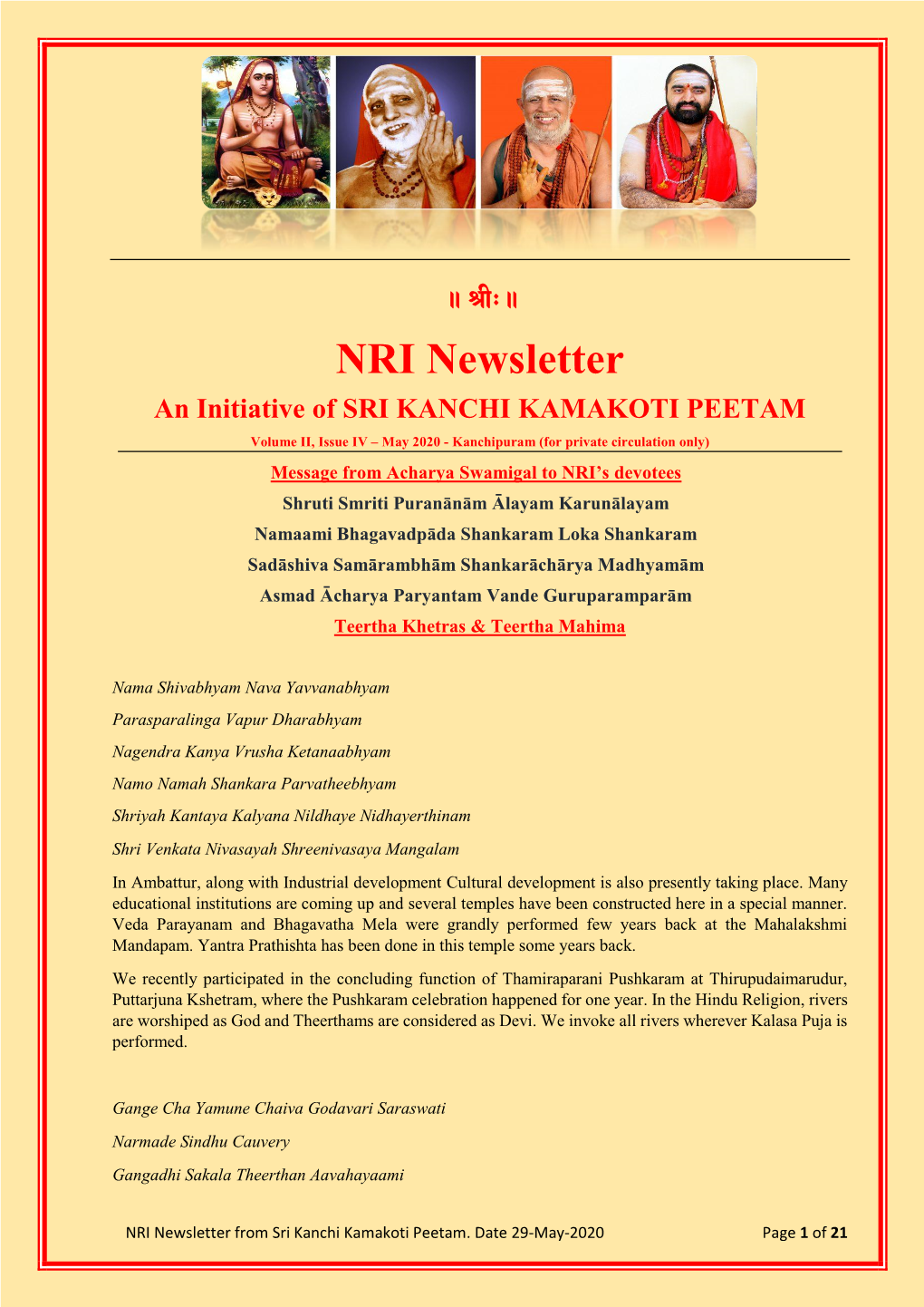 NRI Newsletter an Initiative of SRI KANCHI KAMAKOTI PEETAM