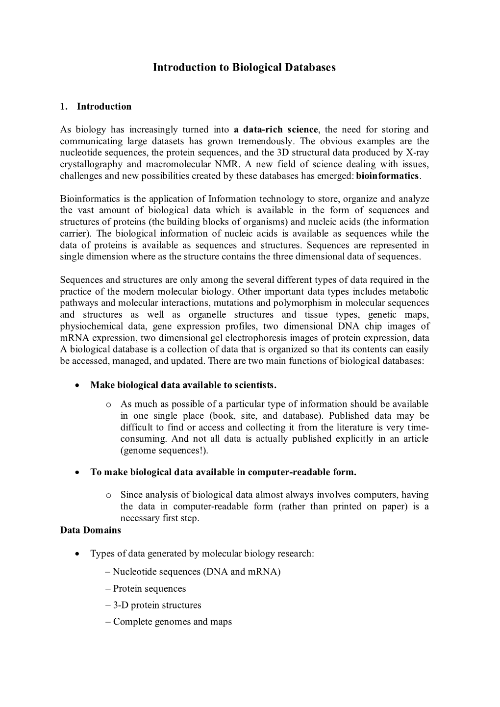 Introduction to Biological Databases