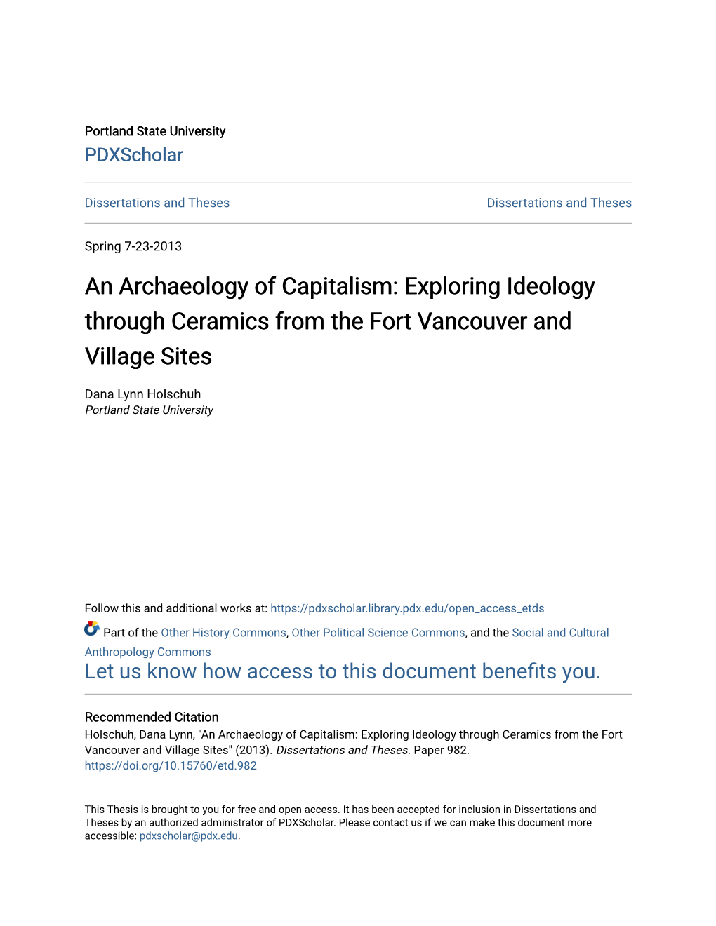 An Archaeology of Capitalism: Exploring Ideology Through Ceramics from the Fort Vancouver and Village Sites