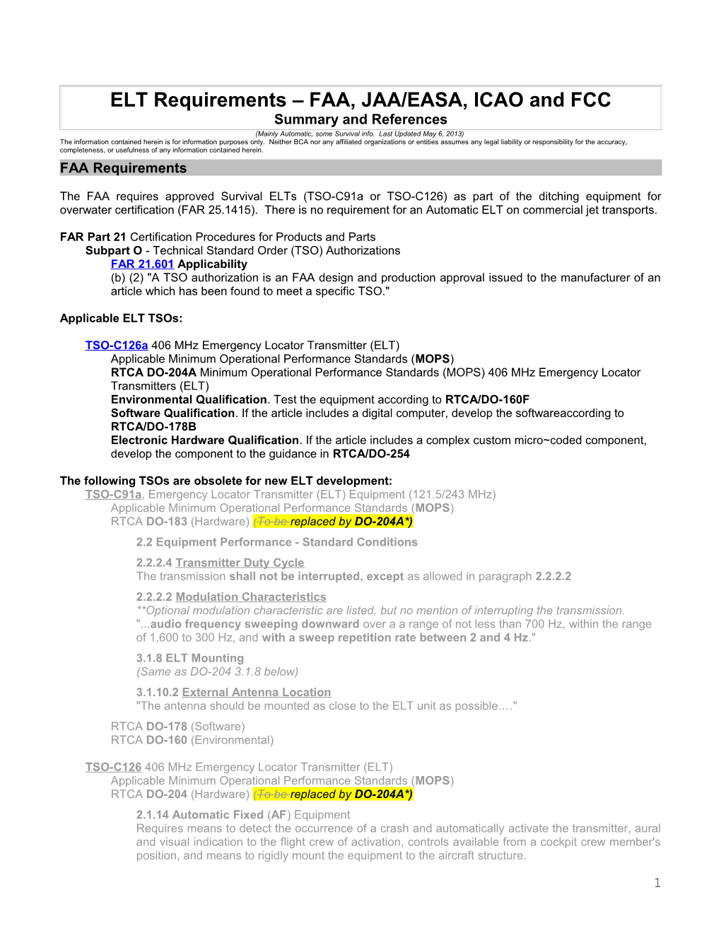 ELT Requirements FAA, JAA/EASA, ICAO and FCC