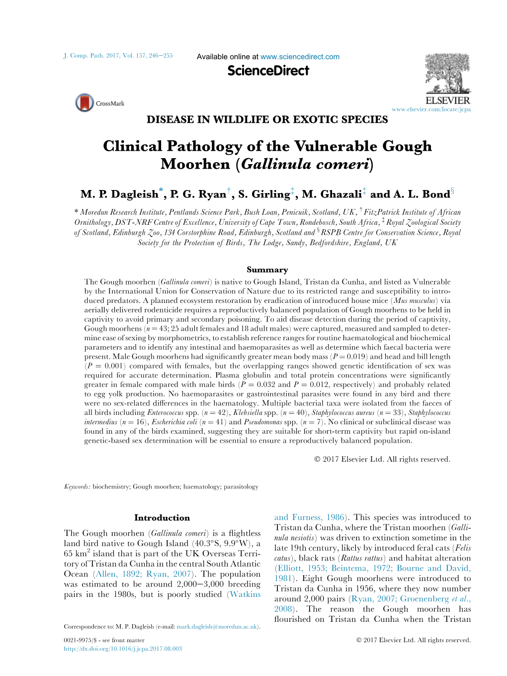 Clinical Pathology of the Vulnerable Gough Moorhen (Gallinula Comeri)