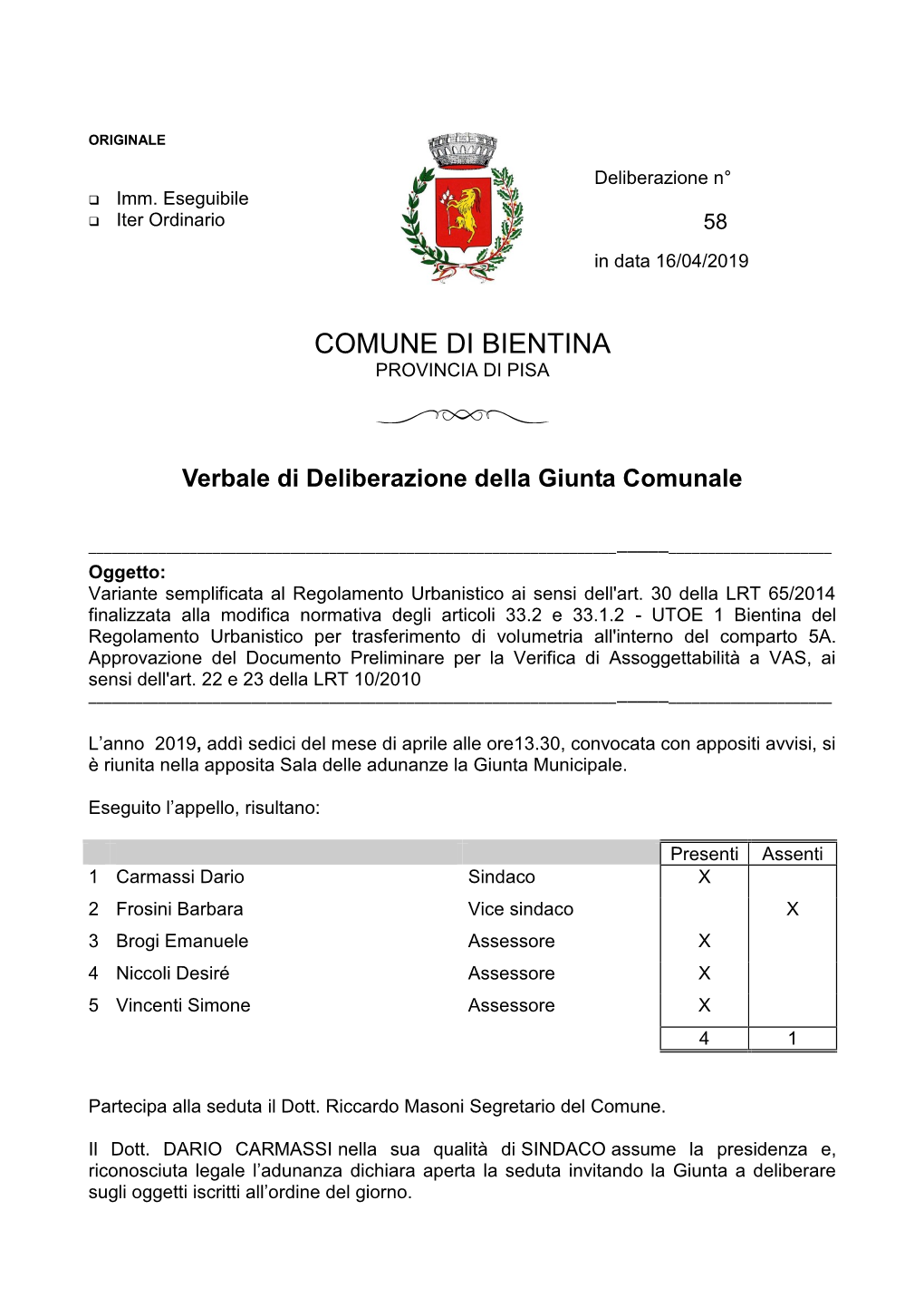 Comune Di Bientina Provincia Di Pisa