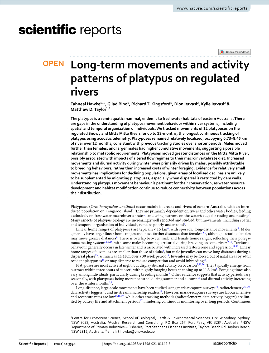 Long-Term Movements and Activity Patterns of Platypus on Regulated