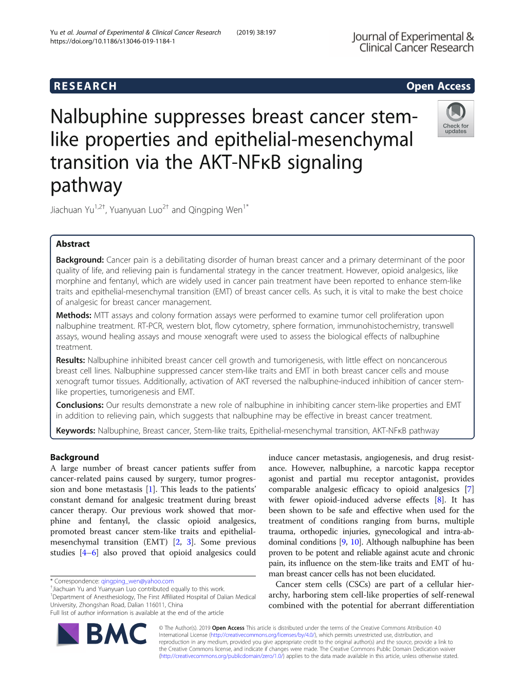 Nalbuphine Suppresses Breast Cancer Stem-Like Properties and Epithelial