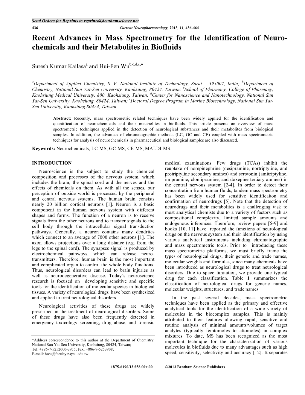 Recent Advances in Mass Spectrometry for the Identification of Neuro-Chemicals and Their Metabolites in Biofluids