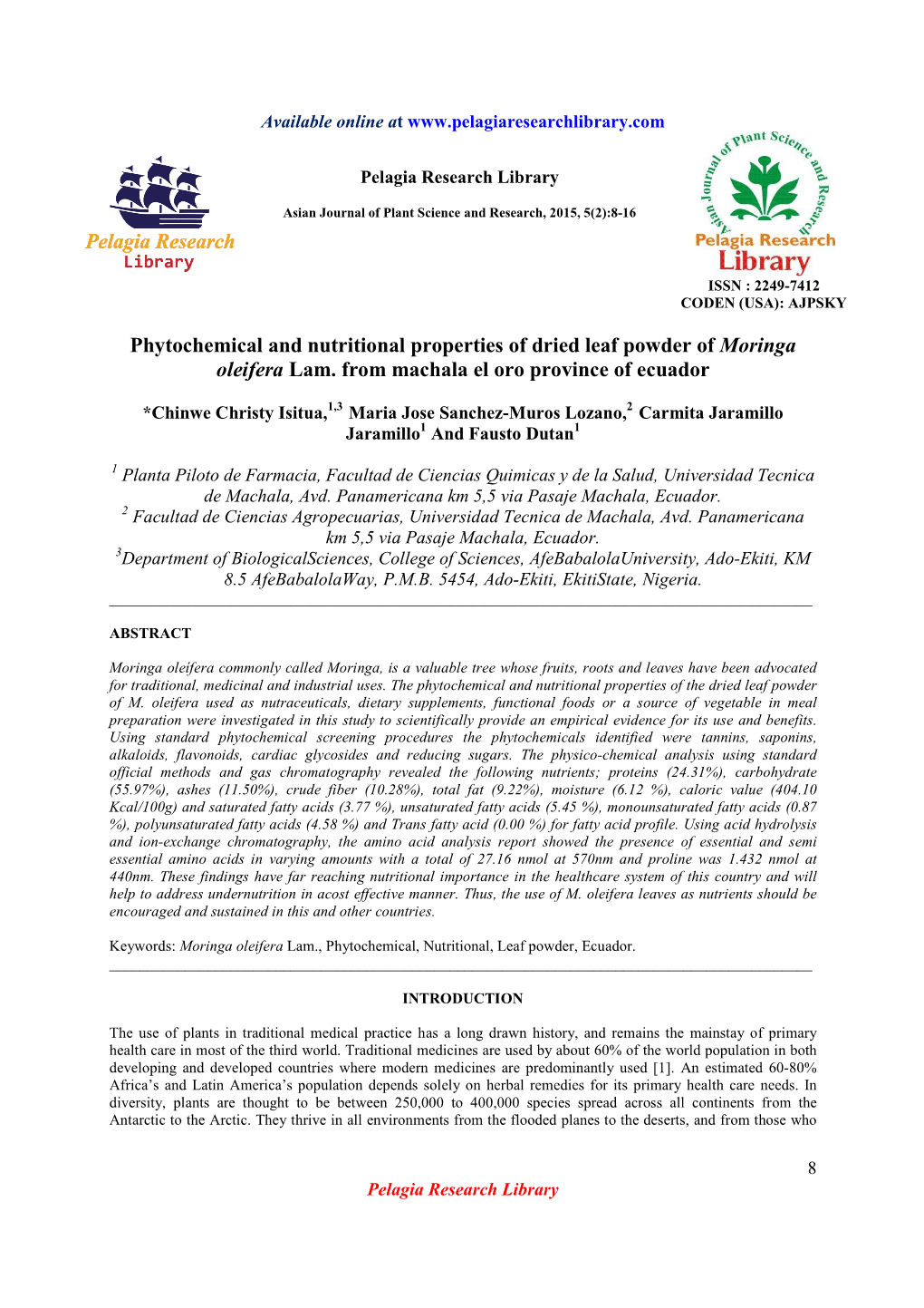 Phytochemical and Nutritional Properties of Dried Leaf Powder of Moringa Oleifera Lam