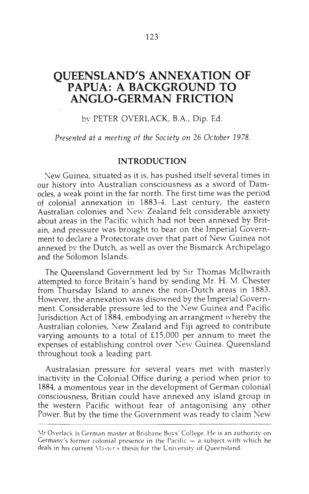 Queensland's Annexation of Papua: a Background to Anglo-German Friction