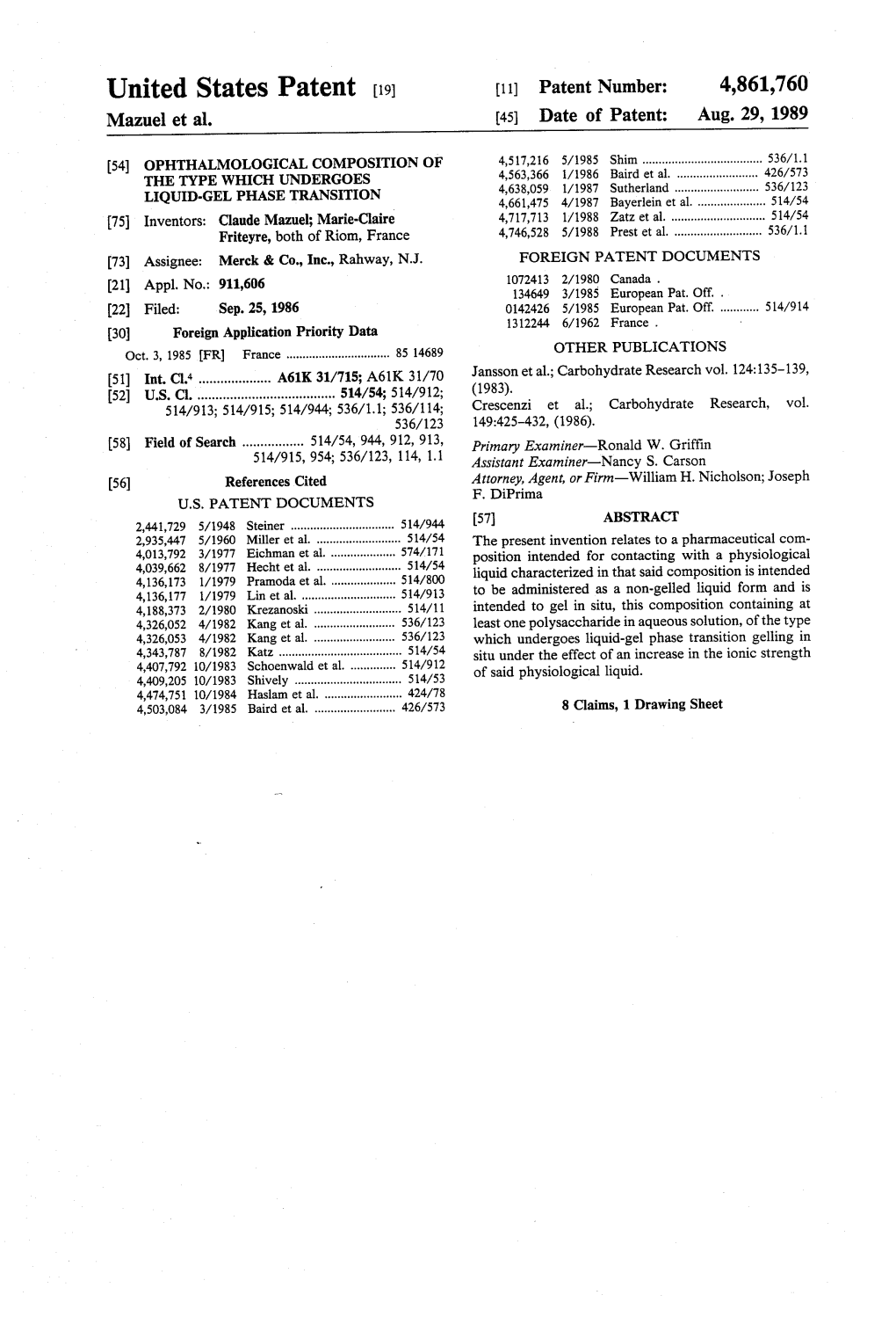 United States Patent (19) 11) Patent Number: 4,861,760 Mazuel Et Al