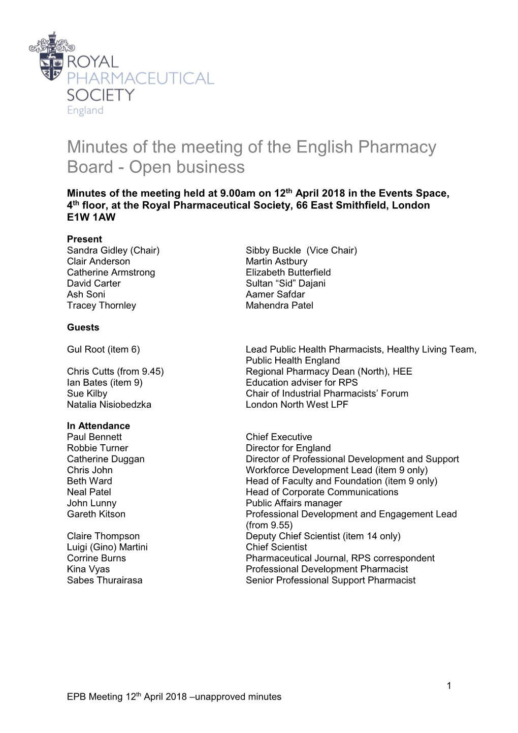 Minutes of the Meeting of the English Pharmacy Board - Open Business
