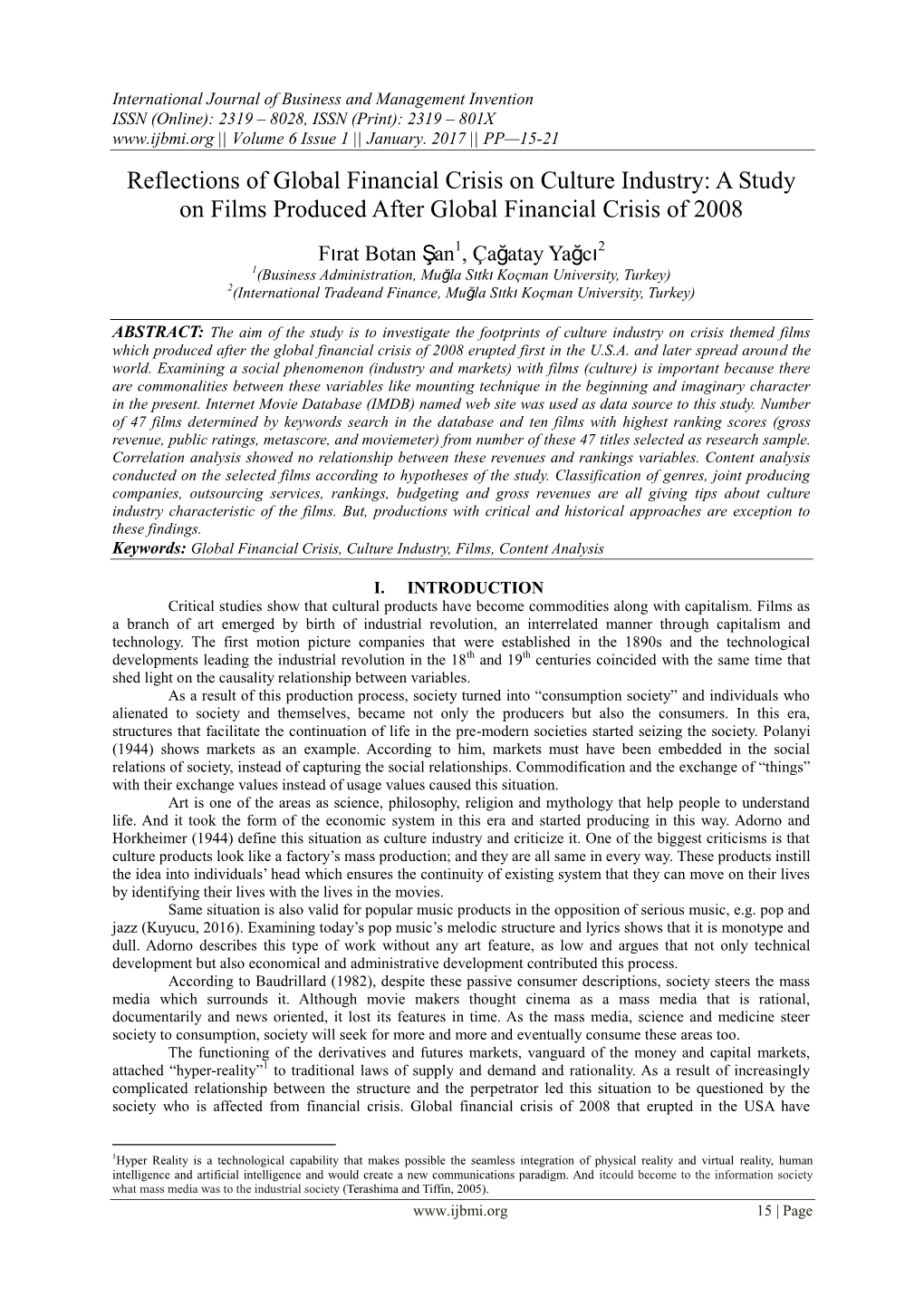 Reflections of Global Financial Crisis on Culture Industry: a Study on Films Produced After Global Financial Crisis of 2008