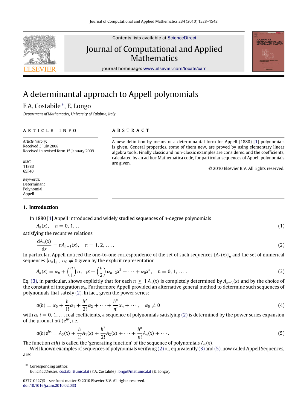 A Determinantal Approach to Appell Polynomials F.A