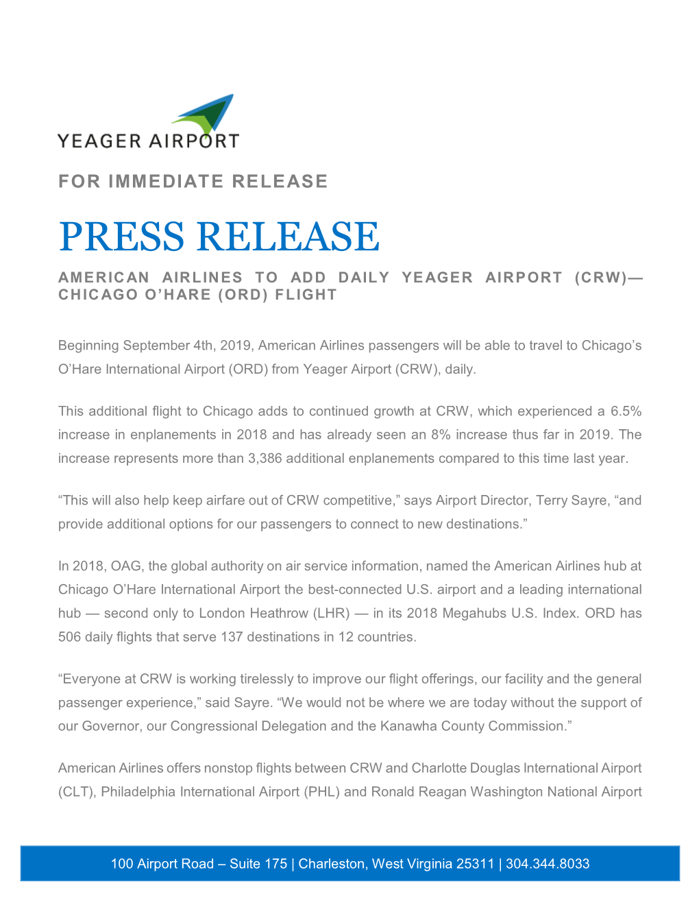 Press Release American Airlines to Add Daily Yeager Airport (Crw)— Chicago O’Hare (Ord) Flight