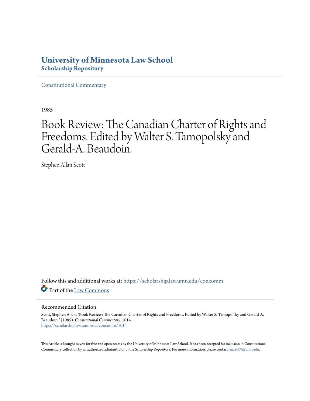 The Canadian Charter of Rights and Freedoms. Edited by Walter S