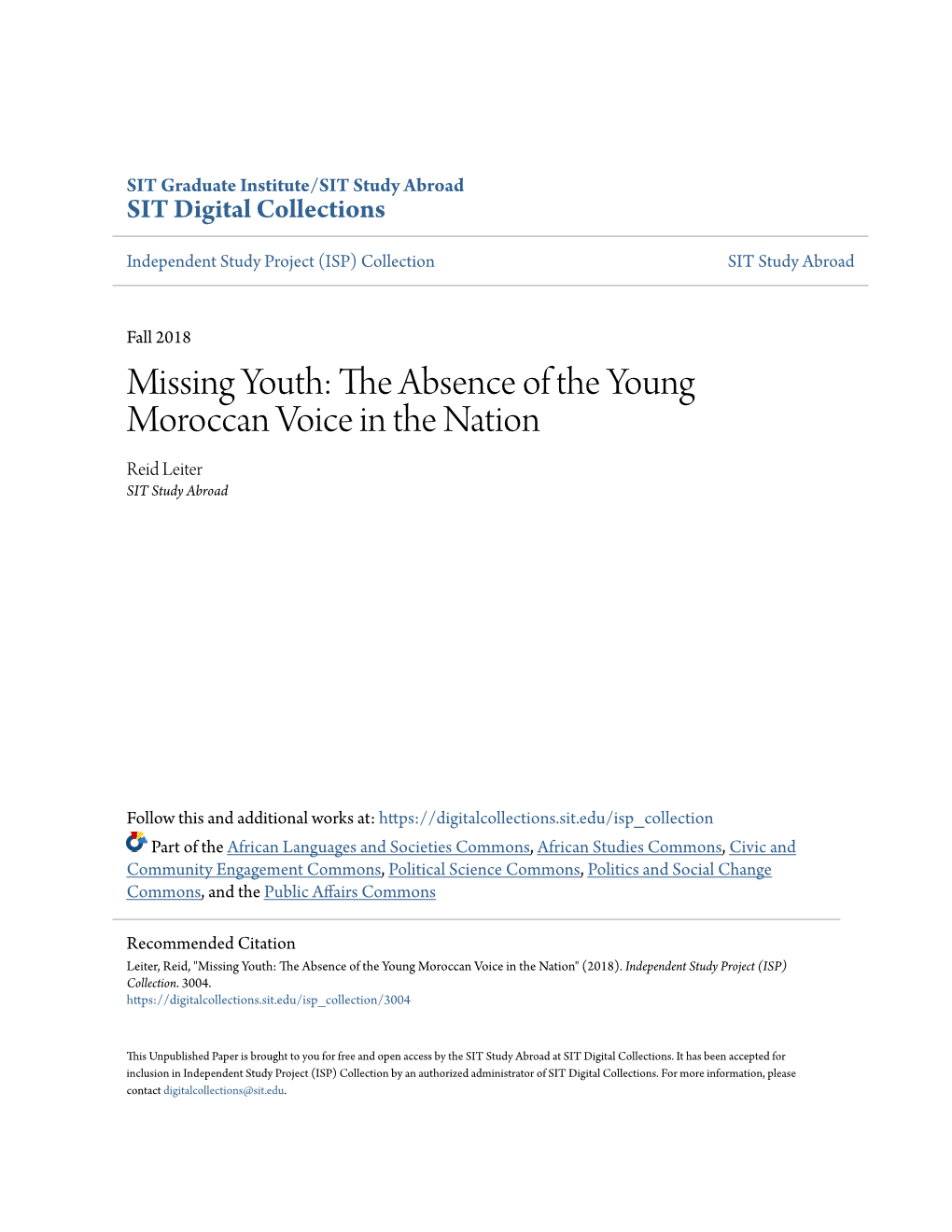 Missing Youth: the Absence of the Young Moroccan Voice in the Nation Reid Leiter SIT Study Abroad