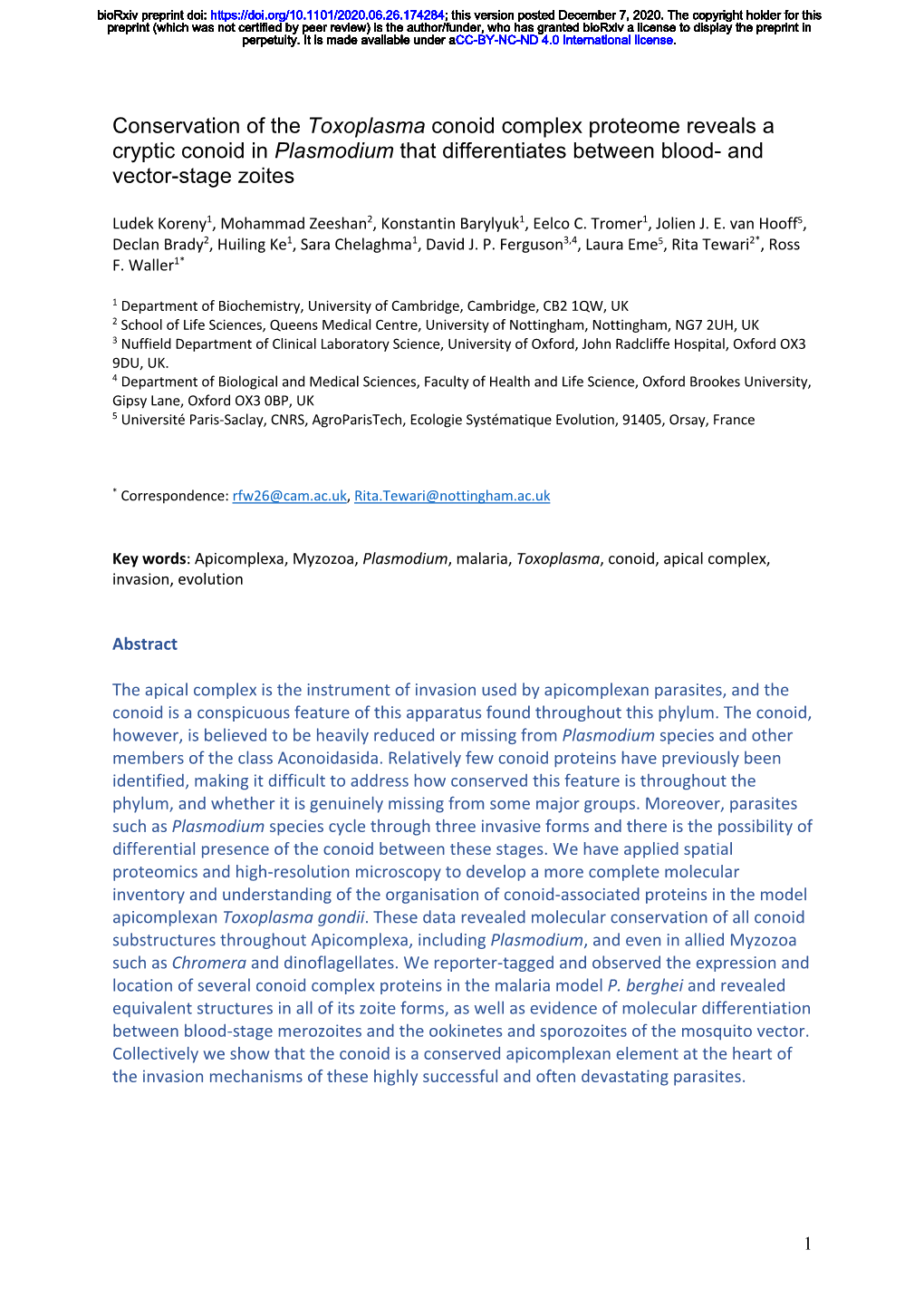 Conservation of the Toxoplasma Conoid Complex Proteome Reveals a Cryptic Conoid in Plasmodium That Differentiates Between Blood- and Vector-Stage Zoites