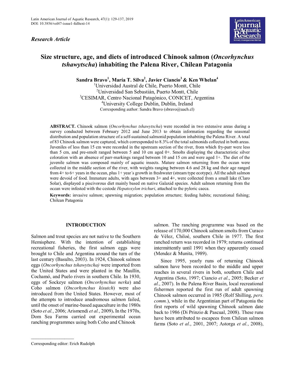 Size Structure, Age, and Diets of Introduced Chinook Salmon (Oncorhynchus Tshawytscha) Inhabiting the Palena River, Chilean Patagonia